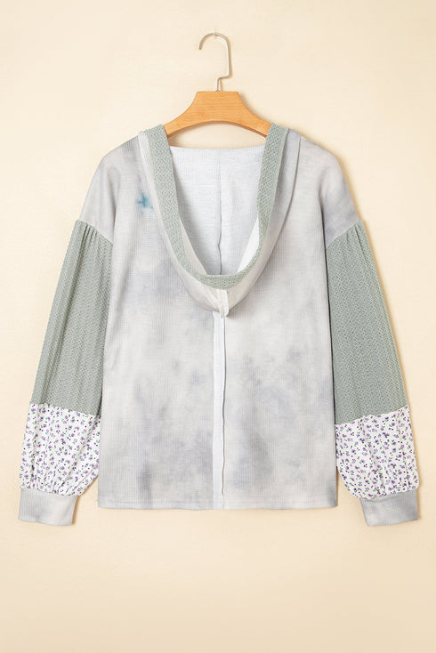 Floral Applique Patchwork V Neck Waffle Knit Drop Shoulder Long Sleeve Top